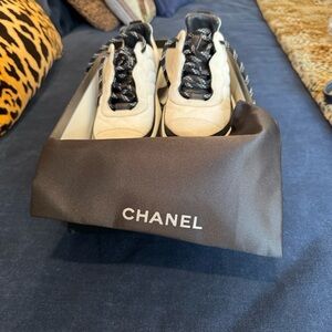 CHANEL Cream and Black Sneakers with tags box dust covers